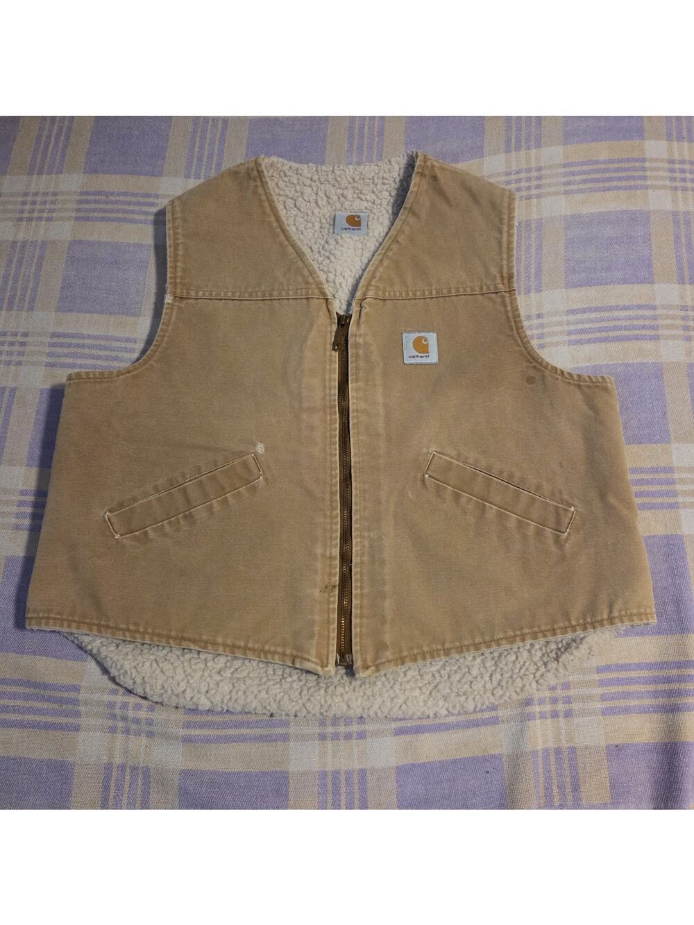 Vintage Carhartt Brown Sherpa Lined Work Wear Vest Y2k 90s Zip V Cut Jacket